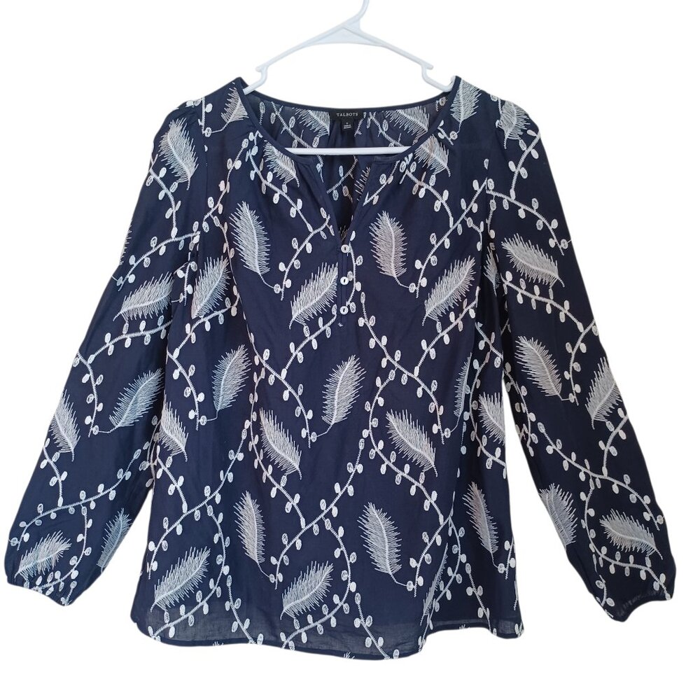 Talbots Blouse Embroidered Feather Peasant Top Dark Blue Navy White Womens Small